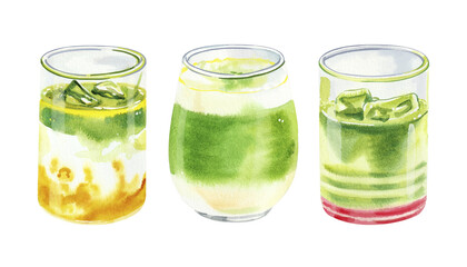 Hand painted watercolor set with cold matcha drinks for cafe menu. Hand drawn watercolor drink glass cup isolated on white background