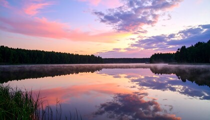 Obraz premium Soft pastel clouds drifting over a glassy lake at dawn, gentle ripples mirroring blush skies in tranquil harmony