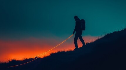 A lone hiker explores the scenic hillside at dusk. The glowing trail showcases the beauty of adventure in nature. Capturing a moment of serenity and discovery. Generative AI
