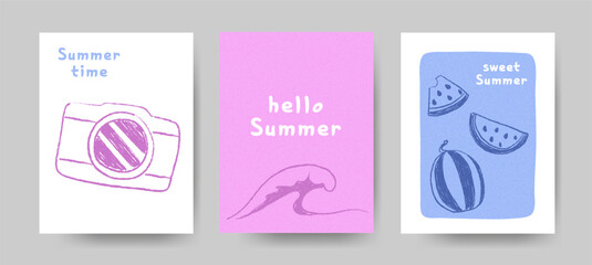 Minimalist summer doodle poster set with camera, wave and watermelon and handwritten inscriptions. Trendy grainy cards with a festive mood, great for print, digital projects, posters and invitations