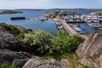 Ships harbour at Saltholmen peninsula on the shore of Alvsborgsfjorden, harbour for archipelago ships, Alvsborg district, Gothenburg, Sweden, sunny day