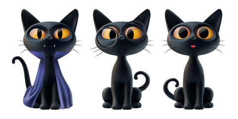 Realistic magic black cat set, 3d halloween ginger eye devil in costume dracula, smart kitten in eyeglasses, surprised curious pet with tongue out. Sitting pose isolated quirky spooky character render