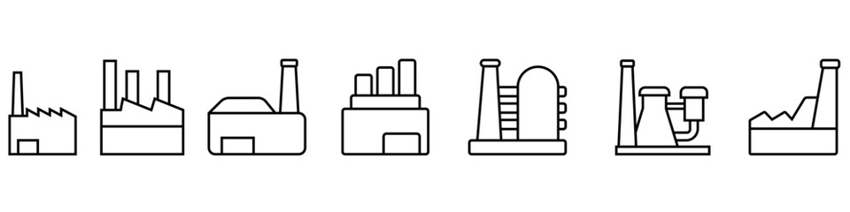 Industrial factories vector icons set. Factory icon illustration collection. Industry power, chemical manufacturing building warehouse nuclear energy plant. 