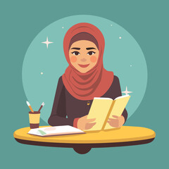 Muslim Girl Studying with Books at Desk in Hijab Illustration