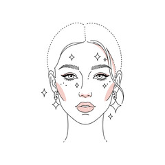 Female face outline with makeup and decorative stars  