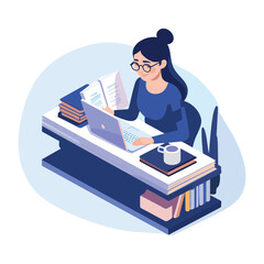Isometric Girl Studying at Desk with Books and Laptop Illustration