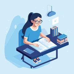 Isometric Girl Studying at Desk with Books and Laptop Illustration