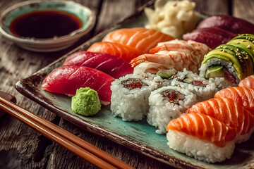 Delicious sushi platter with soy sauce and wasabi on rustic wooden table