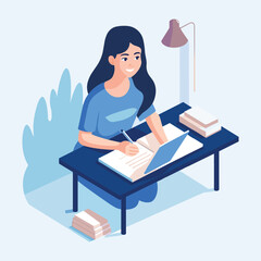 Isometric Girl Studying at Desk with Books and Laptop Illustration