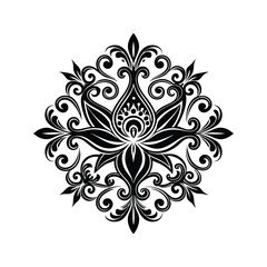 Elegant black and white ornamental floral design with swirls and leaf motifs