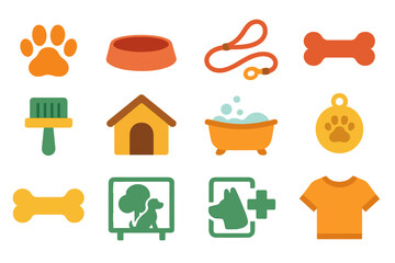 Colorful abstract icons of pet care essentials: paw, leash, bath, and more