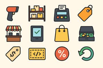 Retail shopping icons set featuring barcode scanner and cart