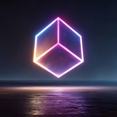 Fototapeta premium Glowing neon cube floating above a serene ocean at dusk, creating a surreal atmosphere