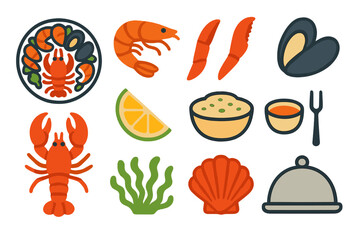 Colorful seafood icons featuring lobster, shrimp, mussels, lemon, and seaweed