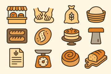 Bakery icons: bread, rolling, flour, cake, scale, dough