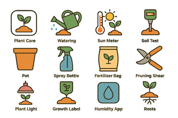 Colorful garden tools icons for plant care and maintenance