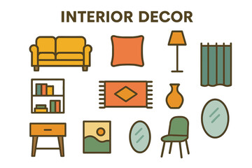Stylish home interior decor elements: sofa, lamp, carpet, bookshelf, art, and mirror