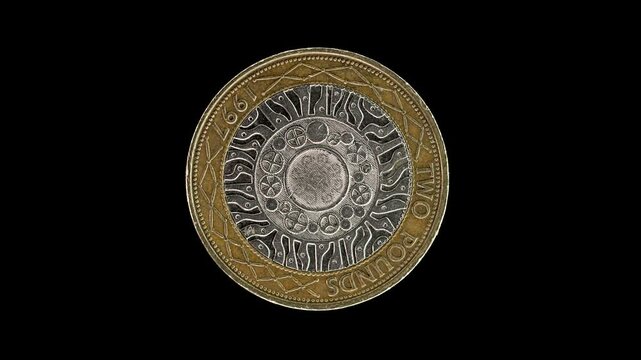 United Kingdom 2 pound 1997 reverse with four concentric circles, macro loop on black background