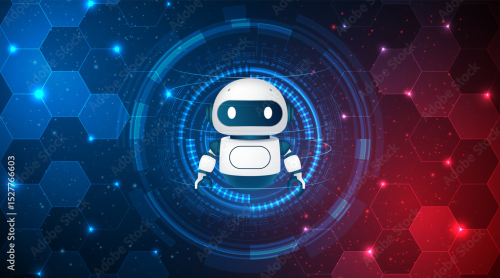 Poster Artificial intelligence robot. Modern technology. Intelligent assistant robot of the future world. Chatbot mascot on a blue background.	