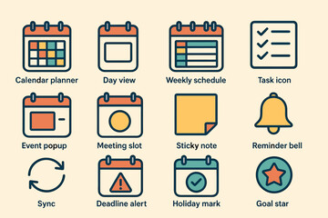 Colorful icon set for calendar, schedule, and task management