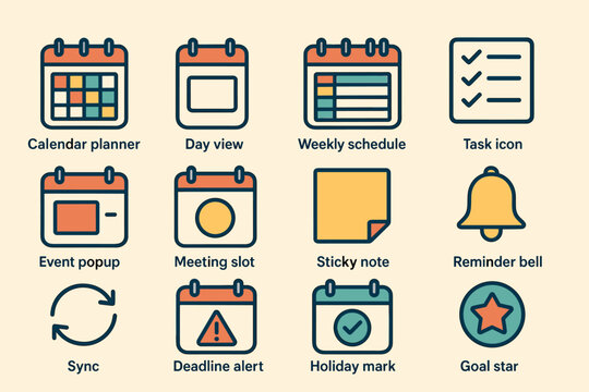 Colorful icon set for calendar, schedule, and task management - Powered by Adobe