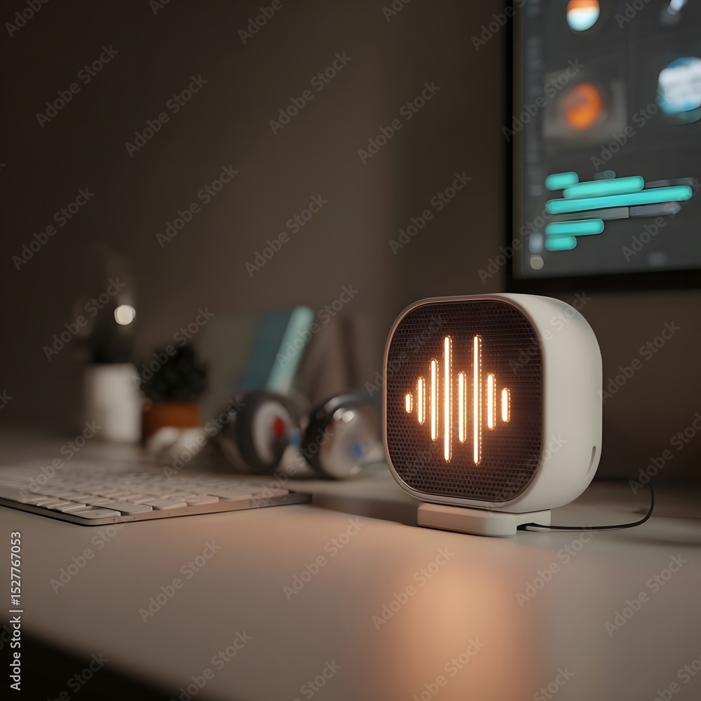 Poster modern audio speaker on a sleek desk with headphones and a computer screen displaying sound waves