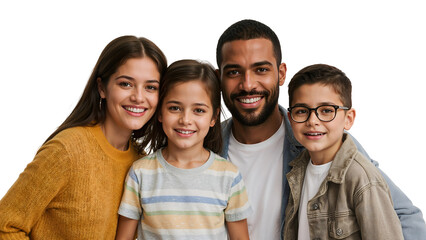 A happy family of four smiling together with a young girl and boy and their parents in a close portrait on transparent background