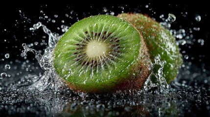 Exotic kiwi fruit slice with splash water drops for fresh ingredient concept