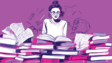 Happy Student Reading Books Surrounded by Study Materials &ndash; Vector Illustration