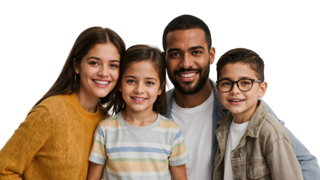 A happy family of four smiling together with a young girl and boy and their parents in a close portrait on transparent background - Powered by Adobe