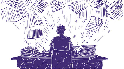 Overwhelmed Student Studying in Library with Books and Papers Flying &ndash; Vector Illustration