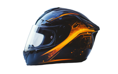 Black and orange helmet with a design of flames