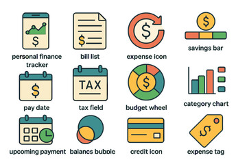 Personal finance tracker icons: expense, budget, savings, payment, credit