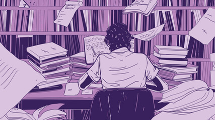Overwhelmed Student Studying in Library with Books and Papers Flying &ndash; Vector Illustration