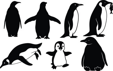Obraz premium Dynamic Penguin Silhouettes - Including Emperor, Adelie, and Baby Penguin,Penguin Silhouette Vector Bundle 