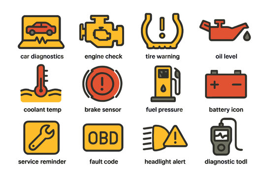 Car diagnostics icons: engine, battery, tire warning, oil level, fuel pressure, brake sensor, obd