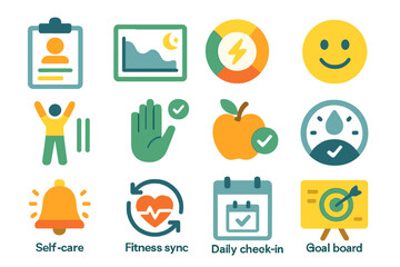 Bright icons of self-care and wellness goals with fitness and daily routines