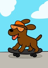 Dog in cap and glasses happily skateboarding