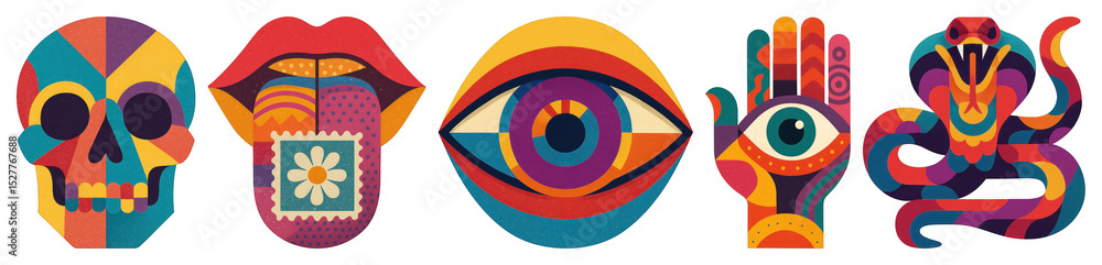 Poster png colorful abstract symbols and shapes, element set on transparent background