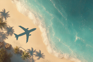 Shadow of airplane over tropical beach with golden sand, turquoise ocean waves and silhouettes of palm trees. Background for advertising travel, vacations, tourism and summer vacations.