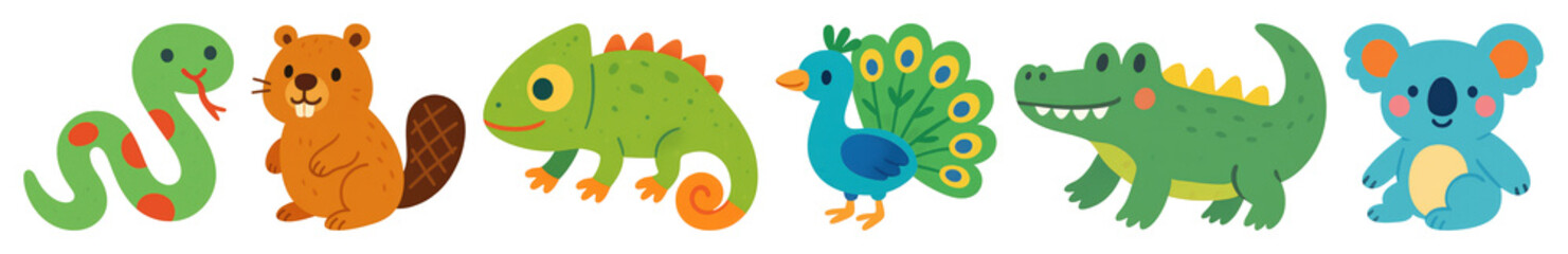 PNG Colorful cartoon animal illustration, element set on transparent background