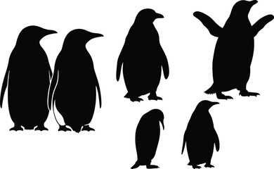 Set of Penguin Silhouettes - Standing, Waddling, and Wing Spread Poses,Penguin Silhouette Vector Bundle - Antarctic Wildlife
