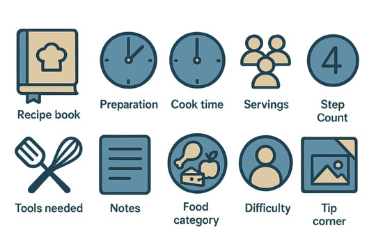 Recipe icons for cooking: tools, timing, servings, and tips
