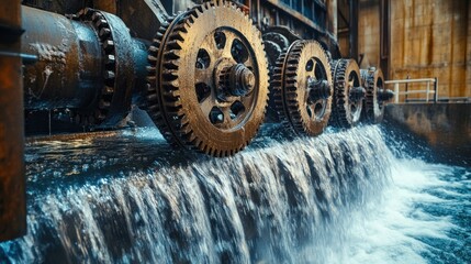 Industrial water treatment facility with large gears and flowing water.