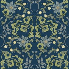 Retro blue and green pattern. Floral classic ornament. Seamless floral pattern.