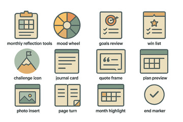 Planning and reflection icons with monthly tools and goals review