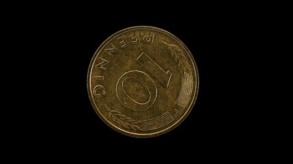 Germany 10 pfennig 1979 reverse with large numeral denomination macro loop on black background