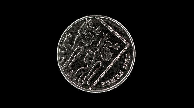 United Kingdom 10 pence 2014 reverse with Royal Shield lion segment, macro loop on black background