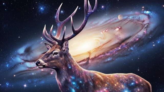 A majestic stag with impressive antlers in a glowing, ethereal landscape.

