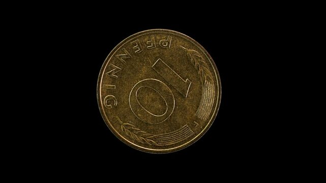 Germany 10 pfennig 1979 reverse with large numeral denomination macro loop on black background